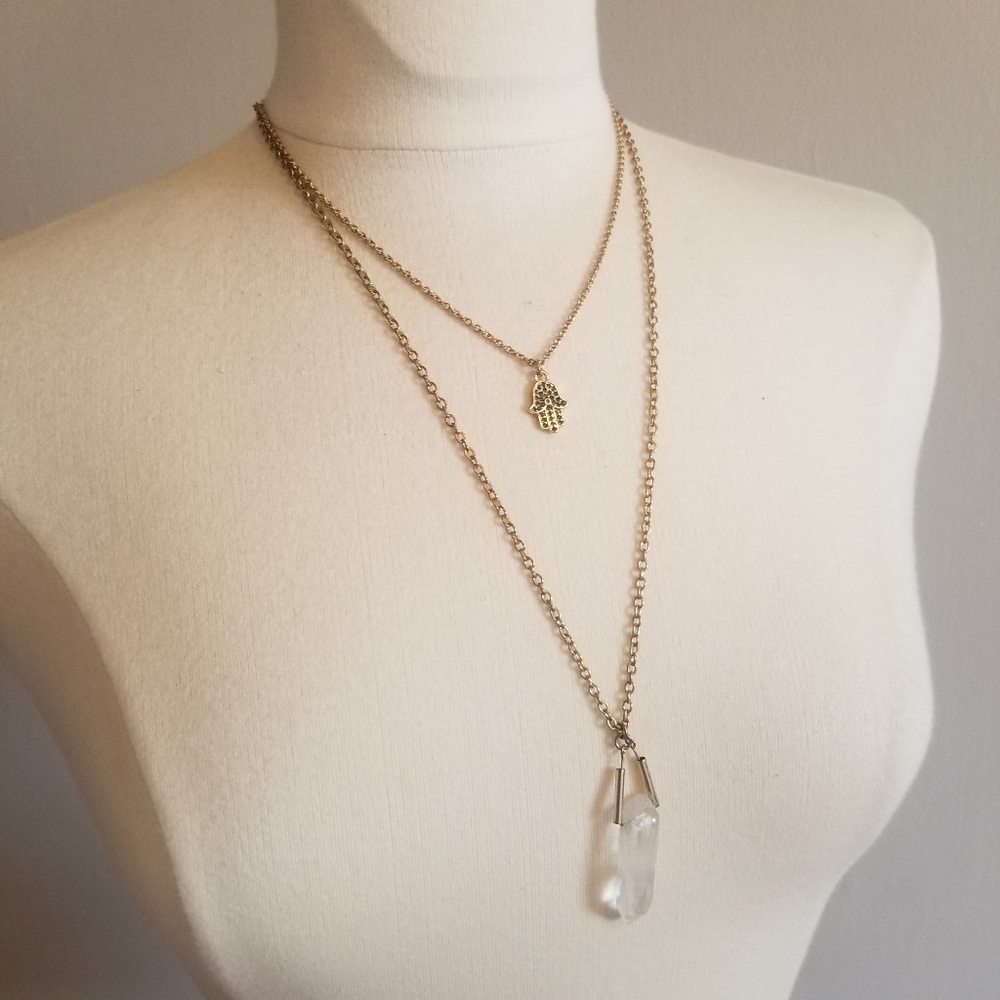Gold chain double pendant necklace with crystal